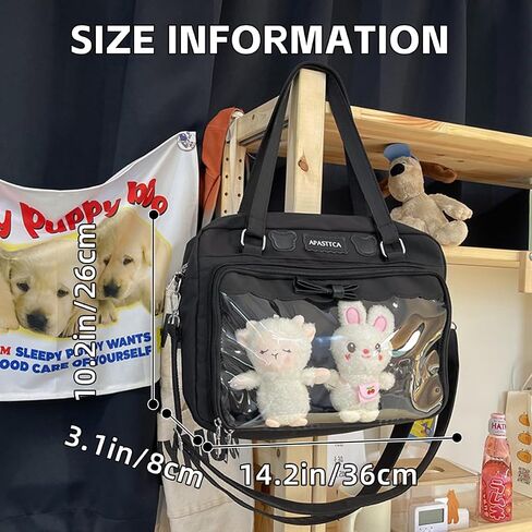Kawaii Crossbody Bags Japanese Ita Bag Aesthetic Messenger Style Clear Compartment & 2 Cute Plush Dolls for Women (Black) in Saudi Arabia