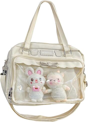 Kawaii Crossbody Bags Japanese Ita Bag Aesthetic Messenger Style Clear Compartment & 2 Cute Plush Dolls for Women (Black) in Saudi Arabia