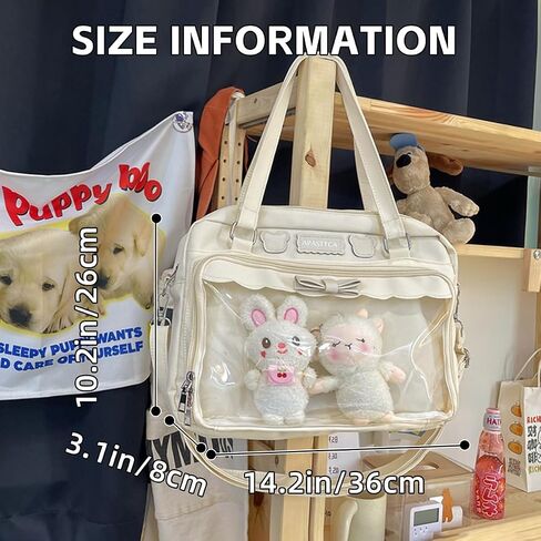 Kawaii Crossbody Bags Japanese Ita Bag Aesthetic Messenger Style Clear Compartment & 2 Cute Plush Dolls for Women (Black) in Saudi Arabia