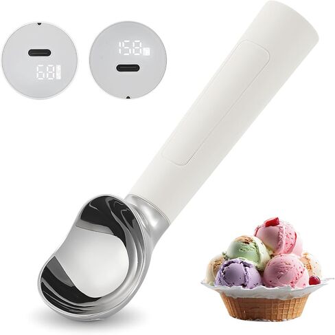 Heated Ice Cream Scoop, USB Rechargeable Electric Scooper with LED Display, Heats to 158°F for Hard Ice Cream, Easy for Seniors & Kids, IP67 Waterproof – White in Saudi Arabia
