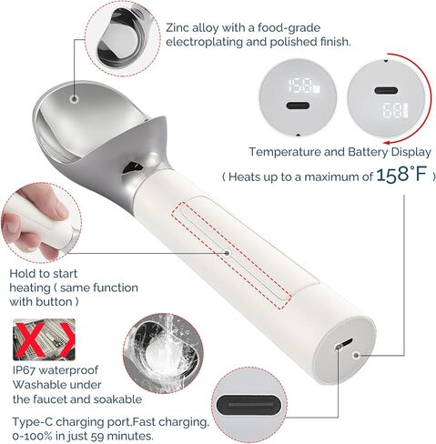 Heated Ice Cream Scoop, USB Rechargeable Electric Scooper with LED Display, Heats to 158°F for Hard Ice Cream, Easy for Seniors & Kids, IP67 Waterproof – White in Saudi Arabia