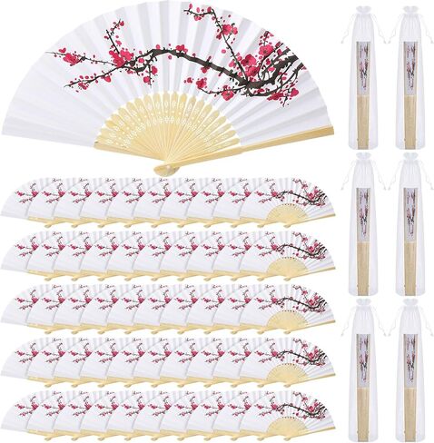 ROOWEST 50 PCS Cherry Blossom Hand Fans Chinoiserie Tavor Kit قابلة للطي المعجبين اليابانيين اليابانيين المعجبين بالورق مع مروحة أورجانية مع Bag Summer Party Supplies Gerdal Dame Homps للضيوف in Kuwait