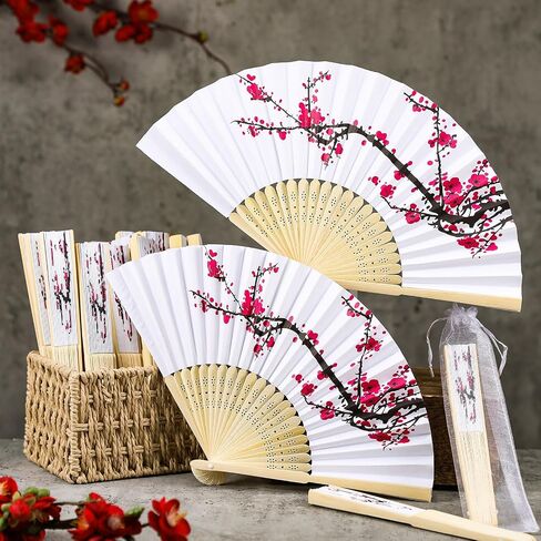 ROOWEST 50 PCS Cherry Blossom Hand Fans Chinoiserie Tavor Kit قابلة للطي المعجبين اليابانيين اليابانيين المعجبين بالورق مع مروحة أورجانية مع Bag Summer Party Supplies Gerdal Dame Homps للضيوف in Kuwait