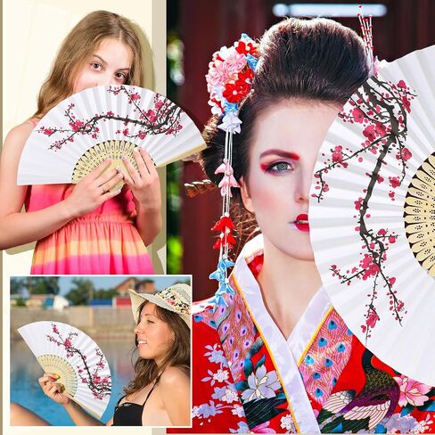 ROOWEST 50 PCS Cherry Blossom Hand Fans Chinoiserie Tavor Kit قابلة للطي المعجبين اليابانيين اليابانيين المعجبين بالورق مع مروحة أورجانية مع Bag Summer Party Supplies Gerdal Dame Homps للضيوف in Kuwait