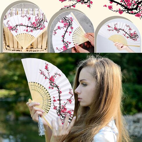 ROOWEST 50 PCS Cherry Blossom Hand Fans Chinoiserie Tavor Kit قابلة للطي المعجبين اليابانيين اليابانيين المعجبين بالورق مع مروحة أورجانية مع Bag Summer Party Supplies Gerdal Dame Homps للضيوف in Kuwait