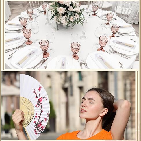 ROOWEST 50 PCS Cherry Blossom Hand Fans Chinoiserie Tavor Kit قابلة للطي المعجبين اليابانيين اليابانيين المعجبين بالورق مع مروحة أورجانية مع Bag Summer Party Supplies Gerdal Dame Homps للضيوف in Kuwait