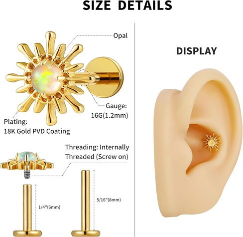 Fine4U ASTM F136 Titanium 16g مسطح عقيد مع 6 مم 8 ملم للمحارة Helix Tragus Flat Flat ، Hypoallergenic ، المسمار ملولب داخليًا على in Saudi Arabia