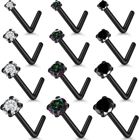 18G 20G Black Nose Rings Studs Piercing Jewelry for Women 316L Surgical Steel L Shaped Screw Straight Diamond CZ Nose Rings Studs Nostril Piercing Jewelry for Women Men Hypoallergenic in Saudi Arabia