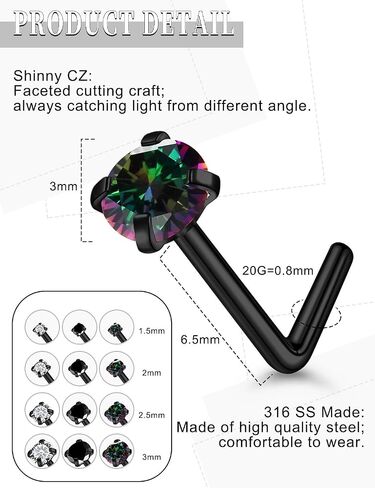 18G 20G Black Nose Rings Studs Piercing Jewelry for Women 316L Surgical Steel L Shaped Screw Straight Diamond CZ Nose Rings Studs Nostril Piercing Jewelry for Women Men Hypoallergenic in Saudi Arabia