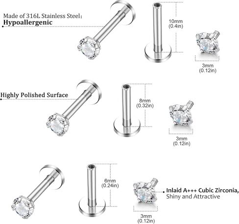 Helicopchain 20pcs 16g Hypoallergenic Stains Steful Lip Studs Labret Percing مع 3 مم Cz Tragus Helix Monroe Piercing stud Jewelry 6mm 8mm 10mm in Kuwait