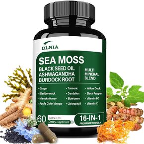 16 في 1 طحالب البحر العضوية ، أشواغاندا ، زيت البذور الأسود ، الكركم ، burddrack burdock ، فيتامين C & D3 مع Elderberry Manuka Dandelion Dock الأصفر
