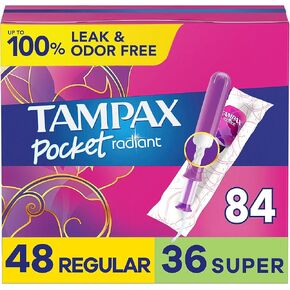 Tampax Pocket Radiant Compact Tampons Duo Pack, Regular/Super Absorbency with BPA-Free Plastic Applicator and LeakGuard Braid, Unscented, 28 Count x 3 Packs (84 Count Total)