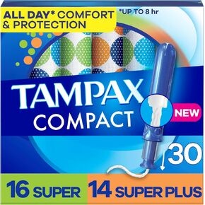 Tampax Compact Pearl Tampons Multipack, with LeakGuard Braid & Extendable Applicator, Super/Plus Absorbency, Compact Extendable Applicator, Unscented, 30 Count