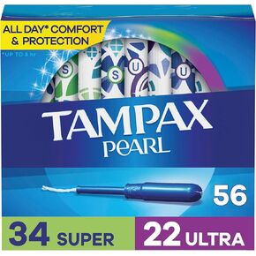 Tampax Pearl Tampons Multipack, with LeakGuard Braid, Super/Ultra Absorbency, Unscented, 56 Count
