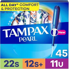 Tampax Pearl Tampons Multipack, with LeakGuard Braid, Super/Super Plus/Ultra Absorbency, Unscented, 45 Count