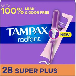 Tampax Radiant Tampons, with LeakGuard Braid, Super Plus Absorbency, Unscented, 28 Count