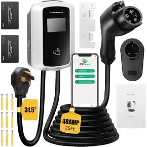 Level 2 EV Charger 48Amp, 25ft Cable, EVSE w/ J1772 Connector, NEMA 14-50 Plug, WiFi Enabled, Smart Display, RFID Card Electric Car Charger