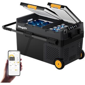 BougeRV 12 Volt Car Refrigerator, 43 Quart Portable Fridge Freezer with APP Control, -4℉ to 68℉ Dual Zone Compressor Electric Cooler 12/24V DC, 110~240V AC for Overlanding, Camping, Travel, RV, Truck