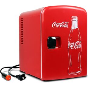 Coca-Cola Classic Coke Bottle 4L Mini Fridge w/ 12V DC and 110V AC Cords, 6 Can Portable Cooler, Personal Travel Refrigerator for Snacks Lunch Drinks Cosmetics, Desk Home Office Dorm, Red