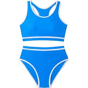 Girl's 2 Piece Swimsuits Contrast Trim High Waisted Bathing Suit Cute Scoop Neck Bikini Sets