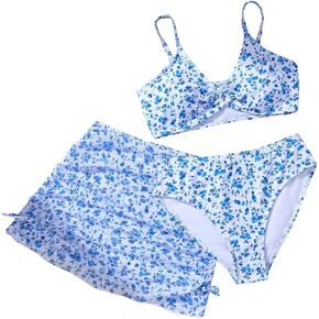 MakeMeChic Girl's Bikini Sets Twist Floral Spaghetti Strap High Waist Swimsuit with Beach Skirt