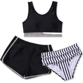 Girls 3 Piece Bathing Suit Kids Color Block High Waist Sport Tankini Swimsuit with Shorts Teen Girl Beach Swimwear