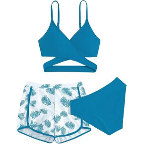 Girl's 3 Piece Swimsuit Tropical Wrap Criss Cross Cute Bikini Set Bathing Suit with Beach Shorts