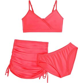 EXARUS Girls Bathing Suits 3 Piece Swimsuits Bikini Sets with Cover Up Mid Rise Ruched Swimwear Beach Pool 8-14Y