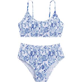swimsuits shenhe Girl's Floral Swimsuits 2 قطعة مغرفة عنق بيكيني الحزام