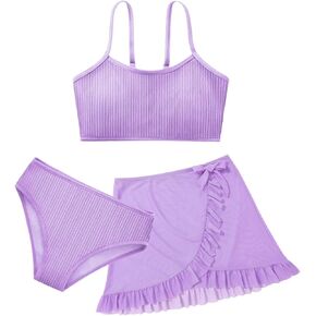 Girls 2 Piece Swimsuits with Skirts Ribbed Spaghetti Strap Bikini Sets Swim Bathing Suit for Teen Girls