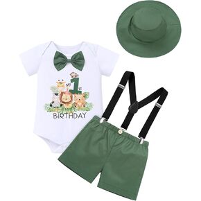 OBEEII First Birthday Outfit Baby Boy Cake Smash Outfit Safari Zookeeper Animal Lion Bow Tie Romper + Suspender Shorts + Hat