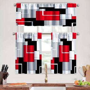 MCALK Red Kitchen Stretains Tiers and Valances مجموعة 3 قطع لنظام التشغيل Windows Modern Art Modern Window Window Sterains و Gray and Black Roancs لغرفة المعيشة (مجموعة 36 ")