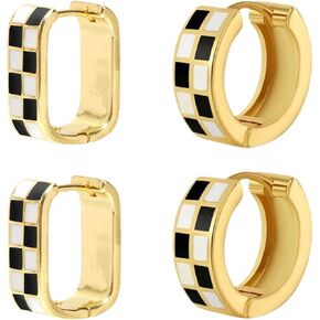 2 Pairs 18K Gold Filled Enamel, Hypoallergenic Classic Gift Set,Dainty Checkered Hoop Earrings,Chic Small Hoop Cartilage Earrings