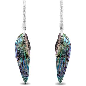 Jewelili Hallmark Fine Jewelry Wing Drop Earrings in Aurora Borealis Blue Carved Mother of Pearl and Sterling Silver with Diamonds