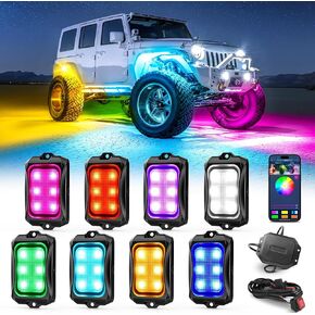 MICTUNING 2nd-Gen RGB LED Rock Lights with Bluetooth Controller, Timing Function, Music Mode - 8 Pods Multicolor Neon LED Light Kit