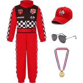 Race Car Driver Costume for Boys Racer Jumpsuit with Car Cap for Halloween Dress Up