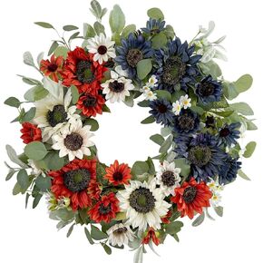 WANNA-CUL Patriotic Wreath Decorations, 24 Inch Sunflower 4th of July Wreaths for Front Door, Red White Blue Spring Summer Door Wreath for Independence Day, Memorial Day for Indoor Outdoor Decor