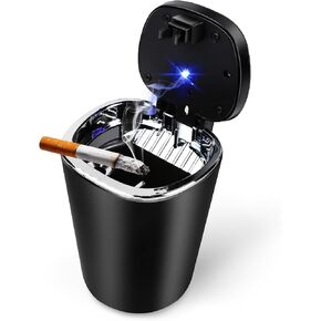 Car Ashtray with Lid, Smell Proof Mini Car Trash Can, Detachable Stainless Steel Ashtray with LED Blue Light, Universal Interior Accessories for Cars, Trucks, SUVs