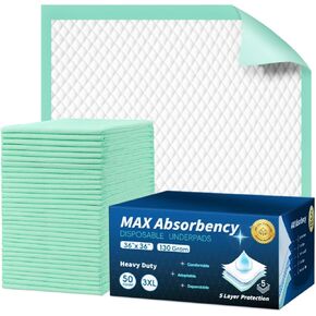 [50 Pack] 36" x 36" Max Absorbency Disposable Bed Pads for Adults, 130 Gram Max Hospital Bed Chux Pads Leakproof Ultra Thick and Absorbent Incontinence Pads | Pee Pads for Adults Waterproof Bed Liner
