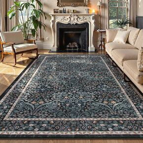 Lahome Floral Dark Green Area Brugs 5 × 7 ، سجاد ناعم قابلة للغسل لغرفة غرفة المعيشة ، غرفة نوم ، بوهو غير قليلة منخفضة غابة مقاومة للبقع.