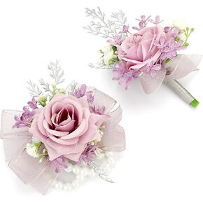 Corsage Wristlet and Boutonniere Set Blue Wrist Corsage Double Pearl Bracelets Blue Pocket Boutonniere for Men Wedding Prom Party Suit Decor (2 Pack)