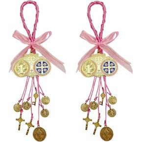 Escapularios Catolicos ، 2pcs Golden Saint Benedict Medal Protecting Scarm ، St Benedict Crucifix ، Catholic San Benito Medalla Pendant Handmade Home Gift Decor Home Home Decor (Red)