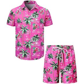 Mens Hawaiian Print Shirts and Shorts Sets Casual 2 Piece Outfits Summer Tracksuit, M-4XL