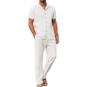 Men's 2 Piece Outfits Casual Beach Short Sleeve Button Down Shirts Loose Pant Sets Summer Vacation Walking Outfits