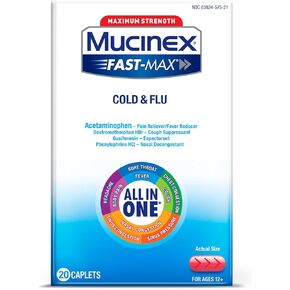 دواء Mucinex Fast-Max Max Strength لعلاج البرد والإنفلونزا للبالغين، دواء البرد أثناء النهار، دواء بدون وصفة طبية مع أسيتامينوفين، ديكستروميثورفان HBr، جوايفينيسين، فينيليفرين حمض الهيدروكلوريك، 20 كبسولة
