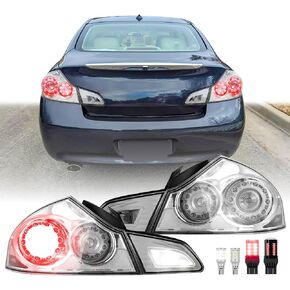USR 07-13 V36 4D Tail Light – w/ 4 LED Bulbs Upgrade (Left + Right) Pair - Compatible with 2007-2013 Infiniti G35 / G37 Sedan 4 Door All Models/Trims (CLEAR TAIL LIGHTS w/WIRE HARNESS & LED BULBS)
