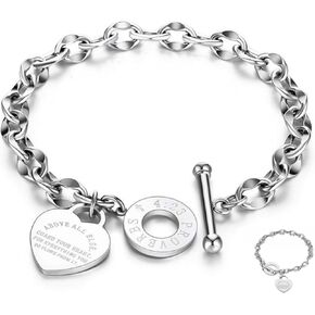 Heart Charm Bracelet Plated 18K Gold Bible Verse Heart Bracelet for Women Her Link Chain Toggle Clasp Stainless Steel Silver Mother's Day
