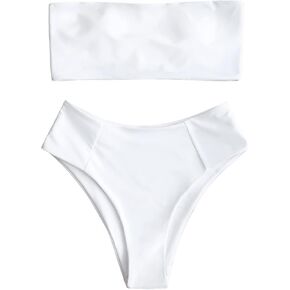 ZAFUL Women's High Cut Bandeau Bikini Set Strapless Solid Color 2 Pieces Bathing Suit Swimsuit