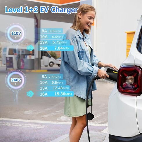 Level 1 &2 EV Charger, 16A, Adjustable Current & Timing Delay, 25FT, 110V–240V, NEMA 5-15 & 6-20 Plugs, J1772 Electric Car Charger for All EVs/PHEVs(Tesla Needs Adapter) in Saudi Arabia