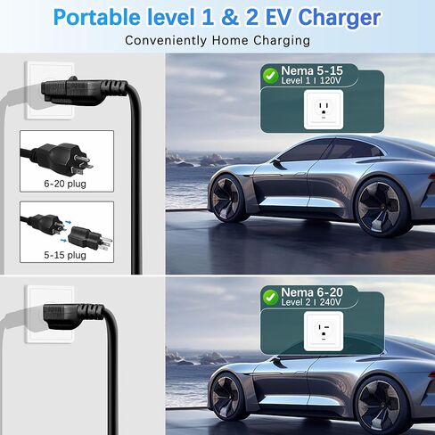 Level 1 &2 EV Charger, 16A, Adjustable Current & Timing Delay, 25FT, 110V–240V, NEMA 5-15 & 6-20 Plugs, J1772 Electric Car Charger for All EVs/PHEVs(Tesla Needs Adapter) in Saudi Arabia